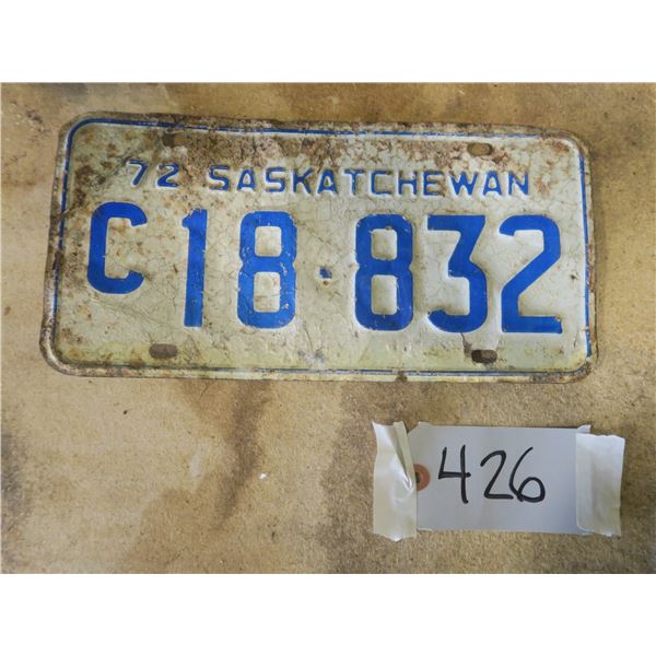 1972 Saskatchewan Licence Plate - c18-832