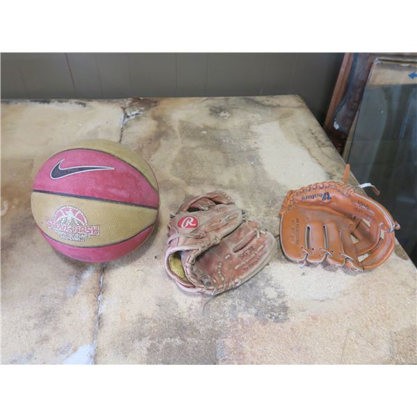 Basketball and 2 Baseball Gloves