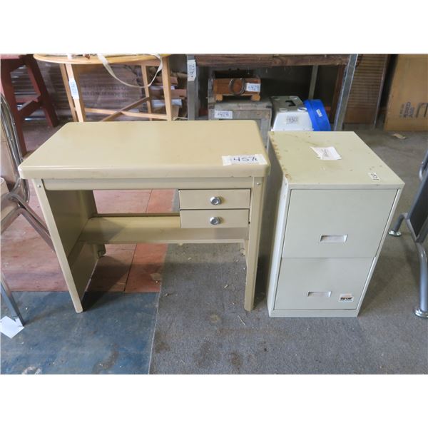 Metal Desk and Filing Cabinet - Desk: 30"x17"x 27", cabinet: 14"x18"x24.5"