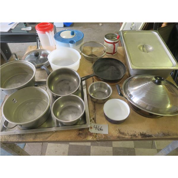 Assorted Pots, Pans, Containers, Salad Spinner, etc.