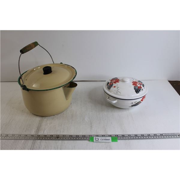 (2) Enamel Pots with Lids