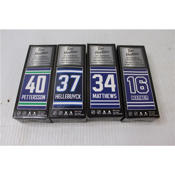 (4) Tim Hortons Mini Hockey Sticks - Matthews, Pettersson, Hellebuyck (NIB) - Marner (Not Sealed)