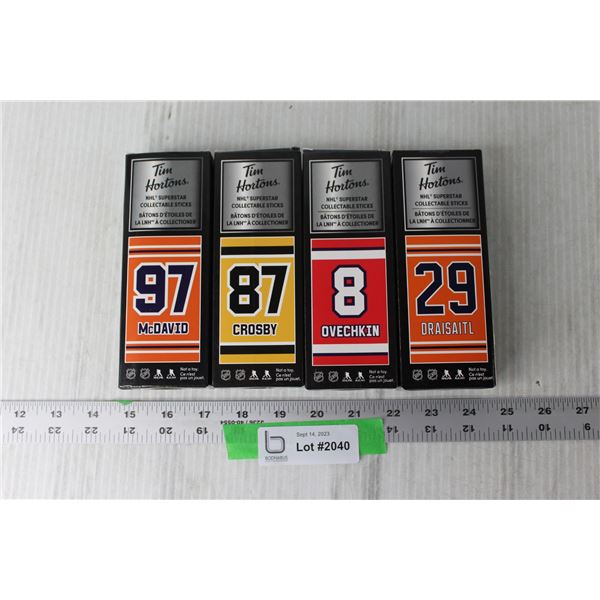 (4) Tim Hortons Mini Hockey Sticks - McDavid, Draisaitl, Crosby, Ovechkin (NIB)