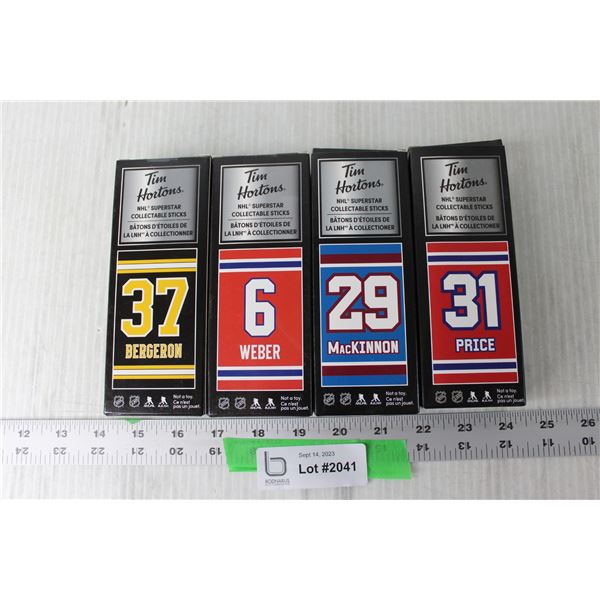 (4) Tim Hortons Mini Hockey Sticks - MacKinnon, Bergeron, Weber, Price (NIB)