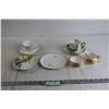 Image 1 : (2) Matching Teacups and Saucers, (2) Mismatched Saucers, Sugar Holder and Cream Holder