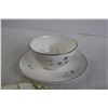 Image 2 : (2) Matching Teacups and Saucers, (2) Mismatched Saucers, Sugar Holder and Cream Holder