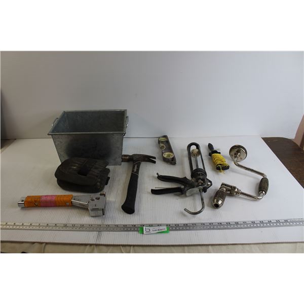 Assorted Tools with Tin Bucket - Caulking Gun, Hammer, Level, Misc.