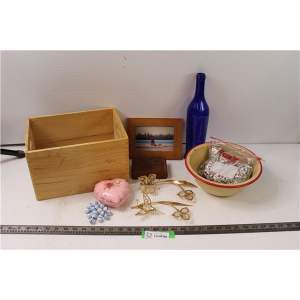 Bowl, Marbles, Picture Frame (8 x6 ), Liquor Bottle and Other Items