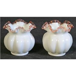 White Vases w/Pink trim Fenton