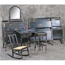 7pc Bedroom Set Black Paint Decorated