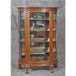 Oak China Caabinet Curved Glass w/Carving and Claw & Ball Feet