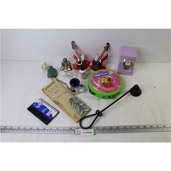 Small Budda Statues - Small Plastic Tambourine - Wooed Sign Plaque - Chuah Watch (not running) - Gui