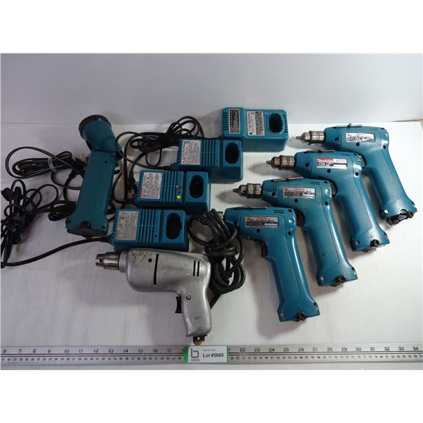 (4) Makita Cordless Drills/Chargers and Flashlight and Electric Drill- all untested