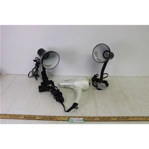 (2) Clip on Desk Lamps, Hair Dryer