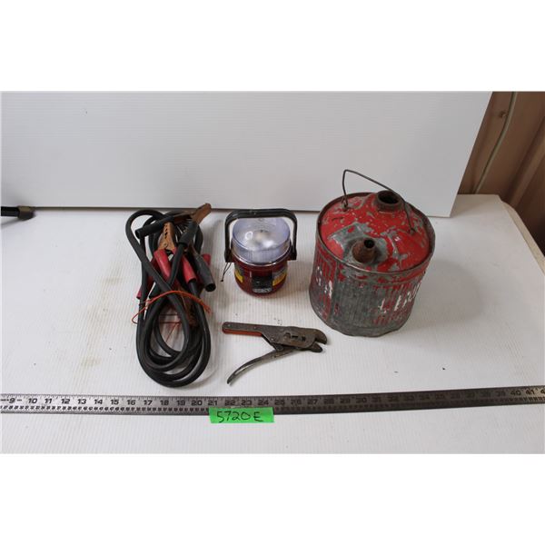 Booster Cables, Metal Gas Can, Focusing Light and Tool