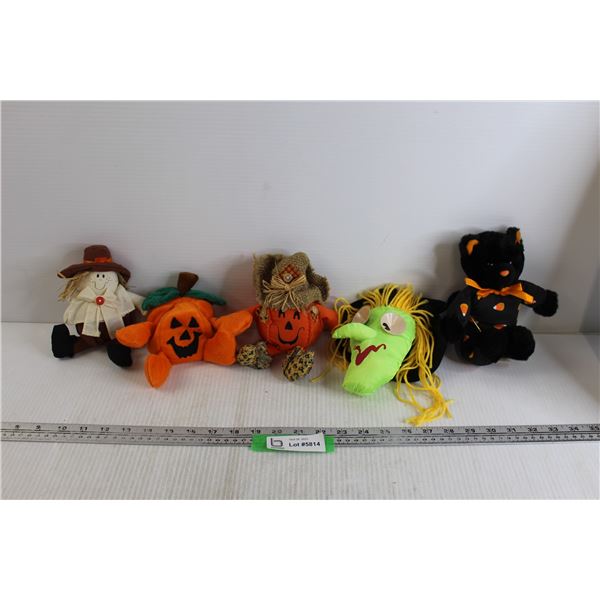 (5) Halloween-Themed Stuffed Animals - Pumpkins, Scarecrow, Witch, Black Cat