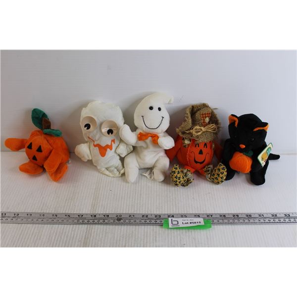 (5) Halloween-Themed Stuffed Animals - Pumpkins, Ghosts, Black Cat