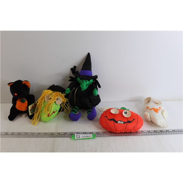 (5) Halloween-Themed Stuffed Animals - Pumpkins, Black Cat, Witches, Ghost