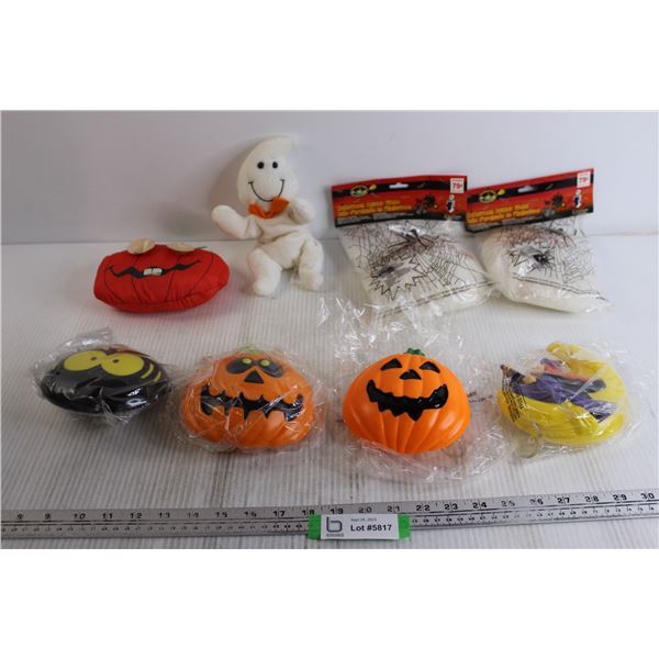 (8) Assorted Halloween Decorations - Spider Webs, Pumpkins, Witch, Ghost