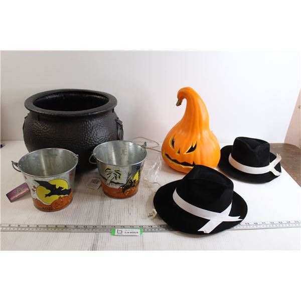 Plastic Cauldron, Light-Up Pumpkin - Works, (2) Halloween Pails, (2) Plastic Fedoras