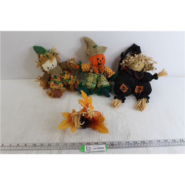 (4) Halloween/Fall Decorations - Scarecrow Witch, Scarecrow Pumpkin, Scarecrow, Small Table Centrepi