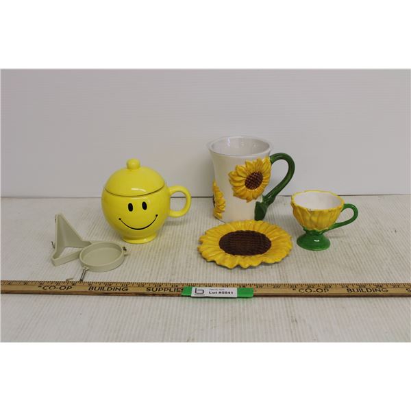 Happy Face Mug, Sunflower Teacup - Chipped, Vase, and Trinket Holder