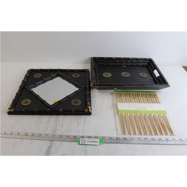 Chinese-Inspired Tray, Chinese-Inspired Mirror, Natural Bamboo Chopsticks - Sealed