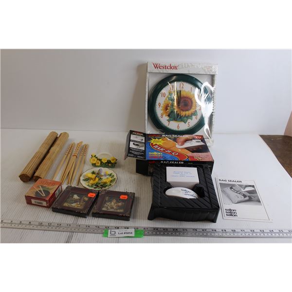 Salton Bag Sealer, Sunflower Clock - Sealed, (8) Chopsticks, Misc