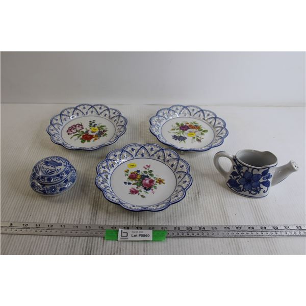 (3) Blue and White Floral Plates, Covered Japanese Dish, Porcelain Small Watering Can - Chipped