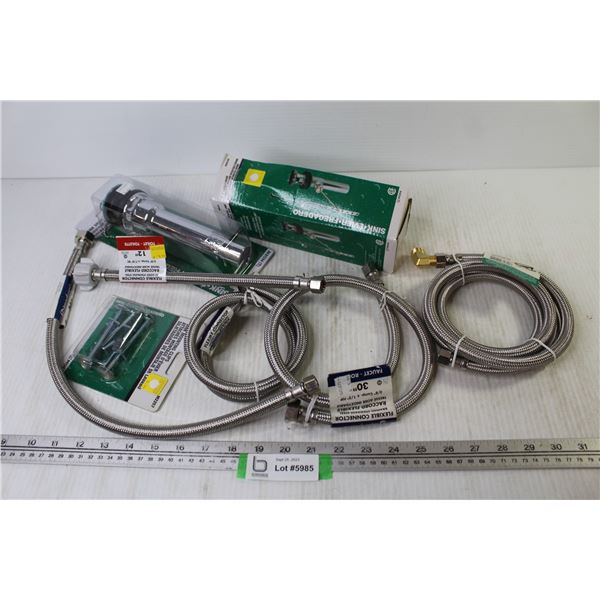 (2) Sink Waste Pop-up Assembly - Sink Mounting Clips - Flexible Braided Steel Connectors (NOS)