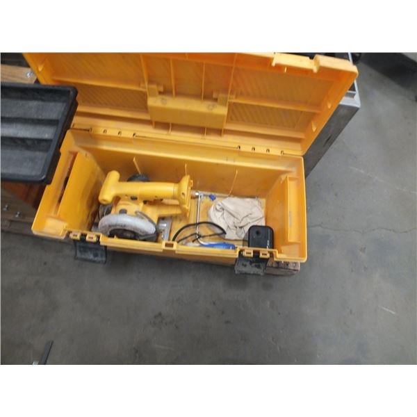 Yellow Tool Box w/ 18 Volt Dewalt Circular Saw & Small Hand Tools