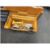 Image 1 : Yellow Tool Box w/ 18 Volt Dewalt Circular Saw & Small Hand Tools