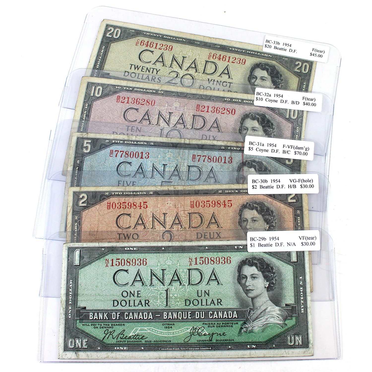 Lot of 5x 1954 $1 to $20 Devil's Face Notes VG-F to VF. Notes contain ...