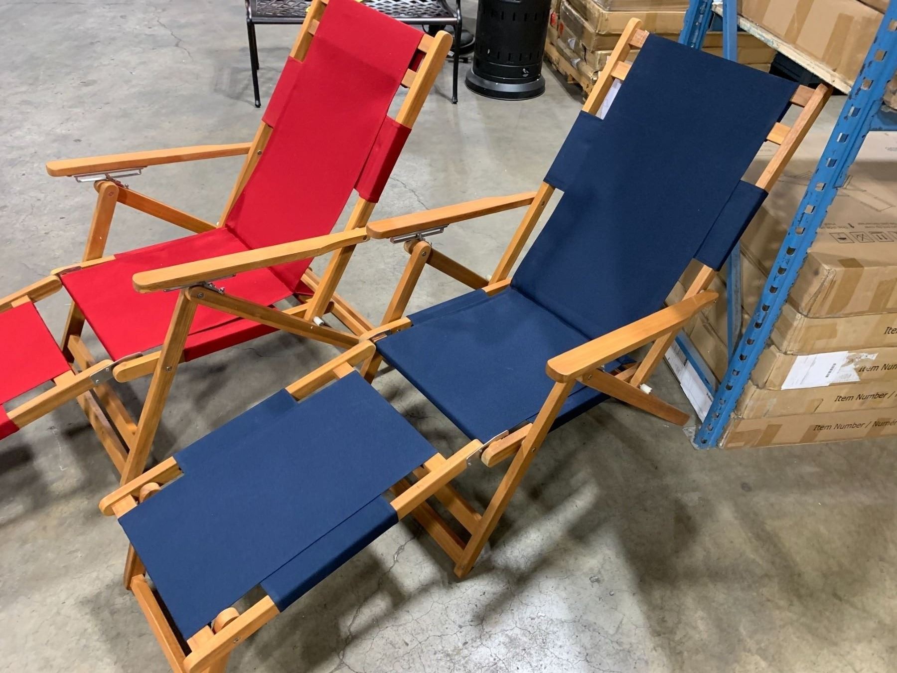 Box Rested On Chairs PAIR OF PATIOFLARE WOOD FRAMED BLUE FABRIC BEACH CHAIRS WITH LEG RESTS ...
