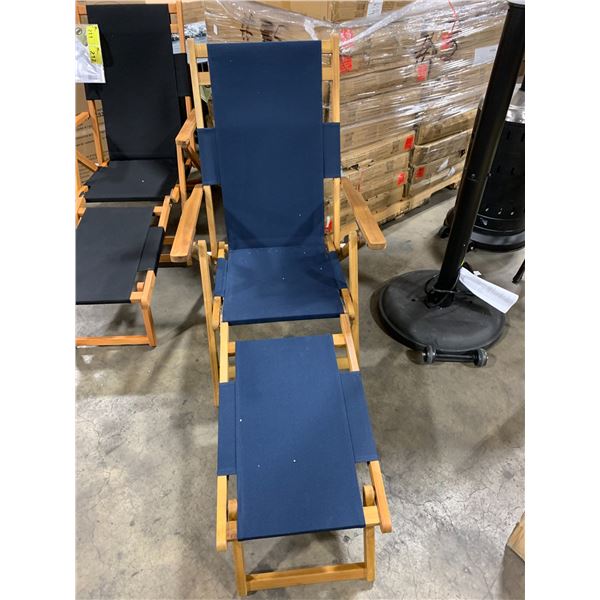 Box Rested On Chairs PAIR OF PATIOFLARE WOOD FRAMED BLUE FABRIC BEACH CHAIRS WITH LEG RESTS ...