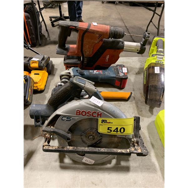 ASSORTED CORDLESS POWER TOOLS INCLUDING: BOSCH CS20 CIRCULAR SAW, BOSCH HAND GRINDER ( HAS BATTERY