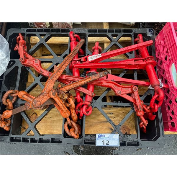 PALLET OF HEAVY DUTY CHAINS, 7 CHAIN BINDERS, CABLES AND MORE