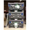 Image 1 : 3 ULINE MODEL H7830 HEAVY DUTY PLASTIC PALLET TOTES W/LIDS & ONE 4 WHEEL PALLET DOLLY