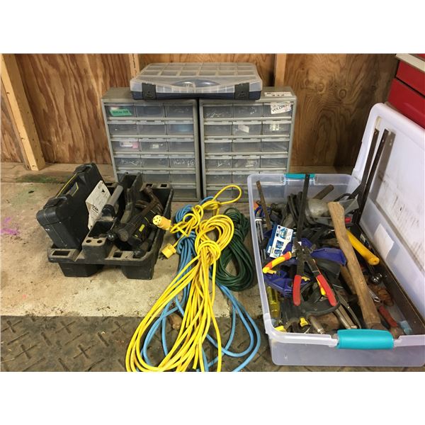 GROUP OF ASSORTED TOOLS/EXTENSION CORDS/PARTS CABINETS W/CONTENTS, ETC