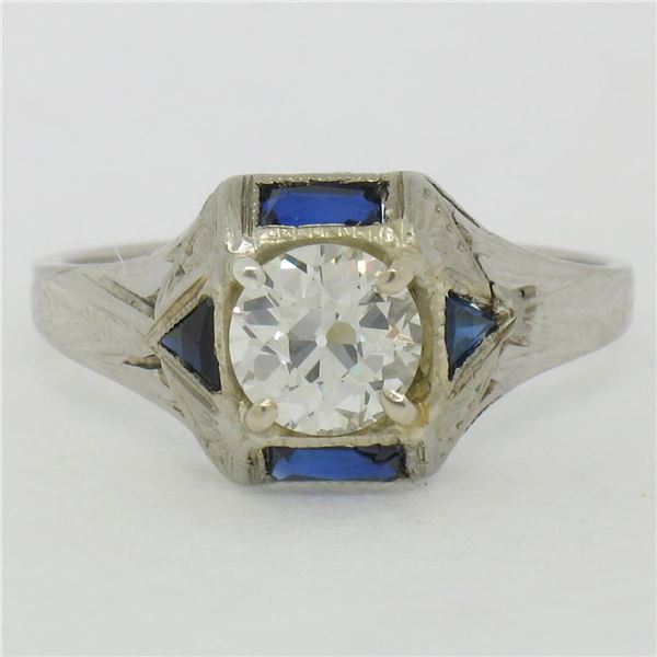 Antique Art Deco 18k White Gold 0.65 ctw European Diamond and Sapphire Ring