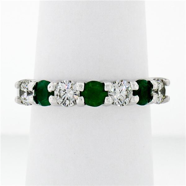 New 14K White Gold 1.33 ctw Shared Prong Big Round Diamond & Emerald Band Ring