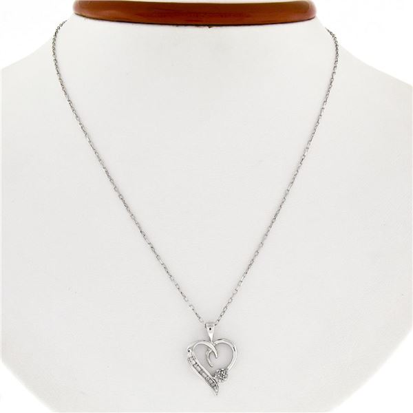 10k White Gold Pave Set Single Cut Diamond Open Heart Flower Cluster Pendant Nec