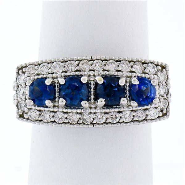 NEW 14K White Gold 2.07 ctw Round Sapphire & Diamond Milgrain Etched Band Ring