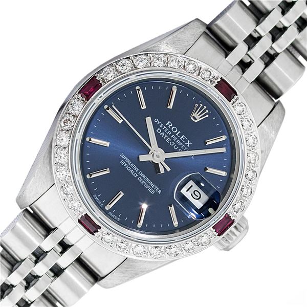 Rolex Stainless Steel Quickset Blue Index Diamond And Ruby Datejust 26MM