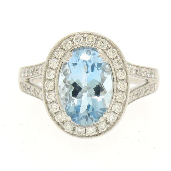 New Modern 18K White Gold 3.07 ctw Oval Aquamarine Diamond Sylvie Split Shank Ri