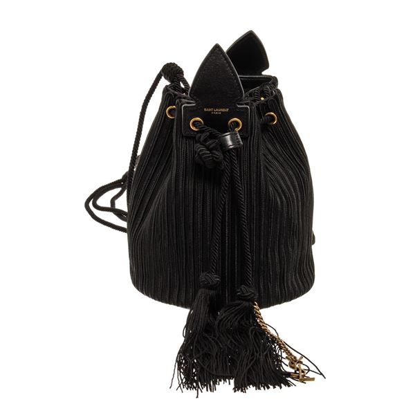 Saint Laurent YSL Black Canvas Fringe Bucket Bag