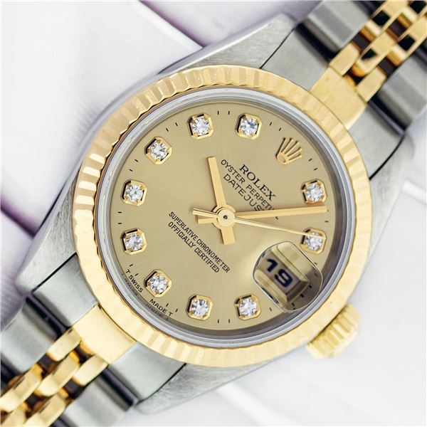 Rolex Ladies 2T 18K Yellow Gold And Stainless Steel Factory Champagne Diamond Wa