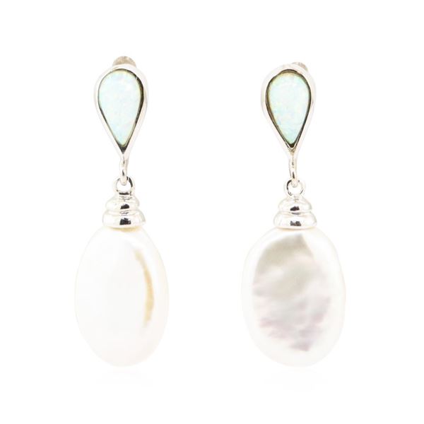 0.60 ctw Opal and Baroque Pearl Earrings - 18KT White Gold