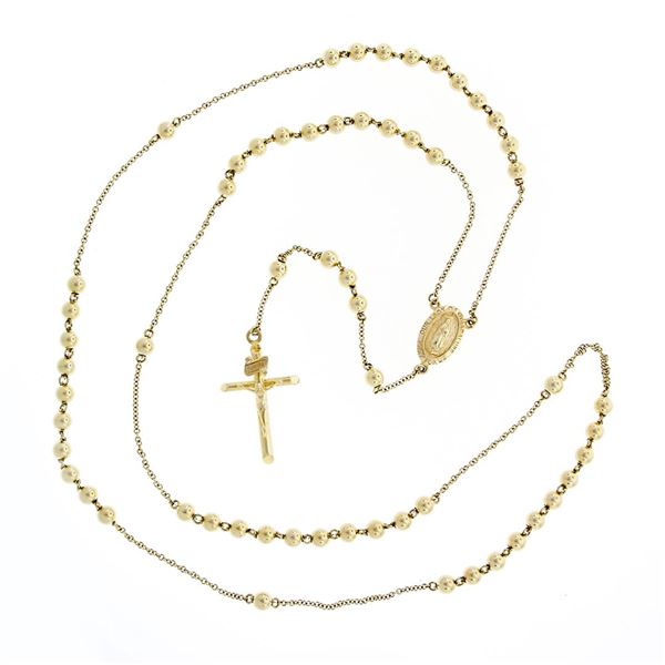 NEW 14k Gold Long 26" Polished Bead Our Lady of Guadalupe Rosary Crucifix Chain