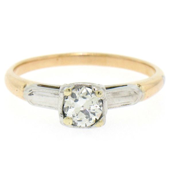 Vintage 14k Two Tone Gold G VS2 European Cut Diamond Solitaire Engagement Ring